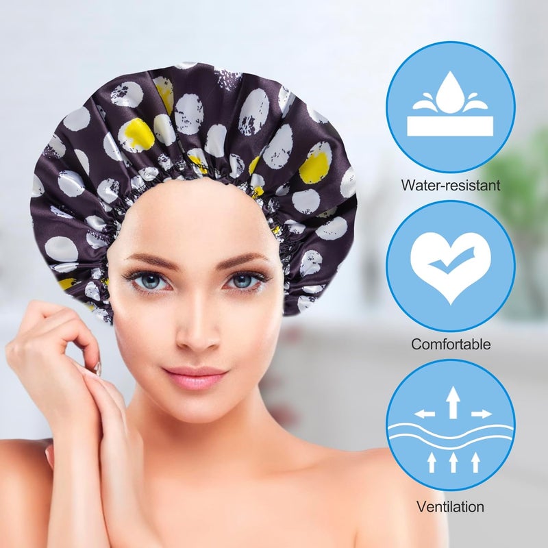 Happtiger Shower Cap for Women Set of 4, Bath Caps, Double Layers Hair Caps + 2 Satin Hair Scrunchies, Reusable Waterproof Shower Caps, Elastic Hair Cap for Shower - Pattern A - Image 4